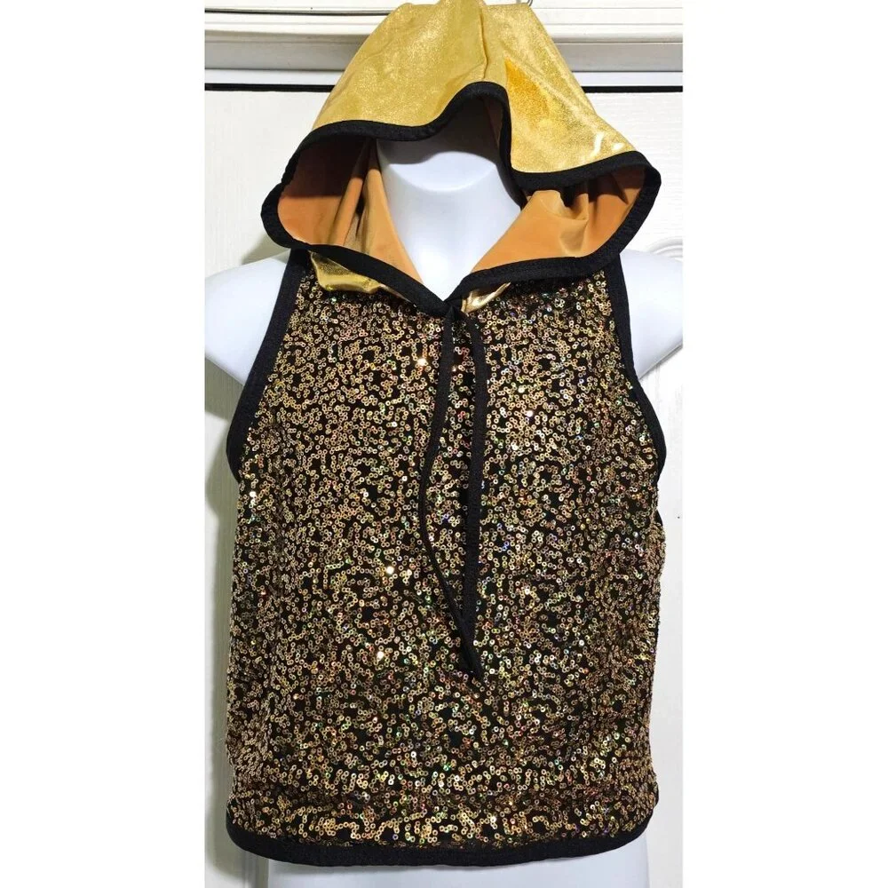 A Wish Come True Gold Sequin Sleeveless Dance Hoodie Jazz Hip Hop Performance LG